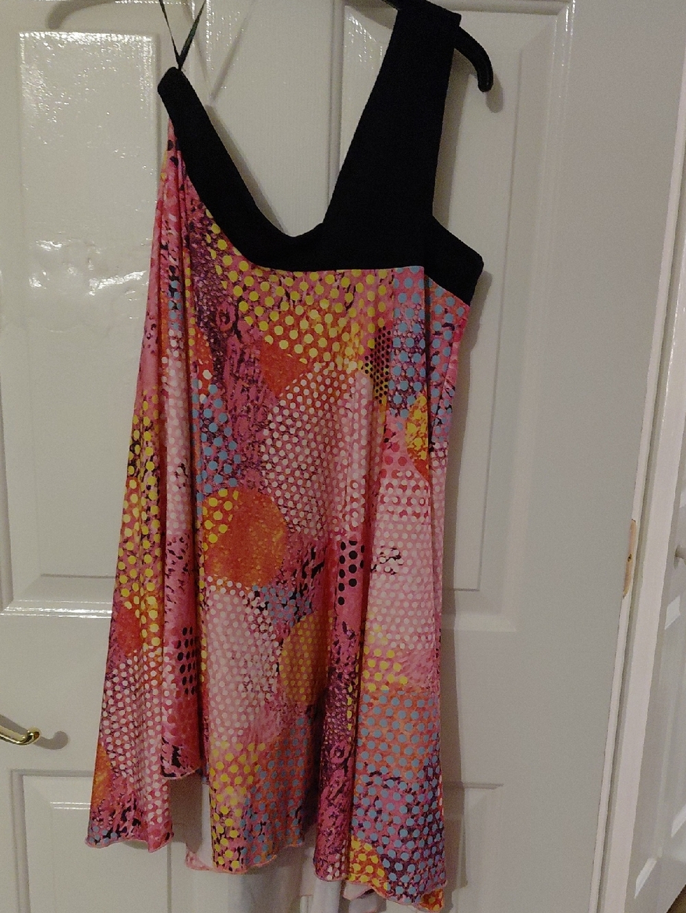 One-Shoulder Pink Multi-Print Sundress with Black Trim